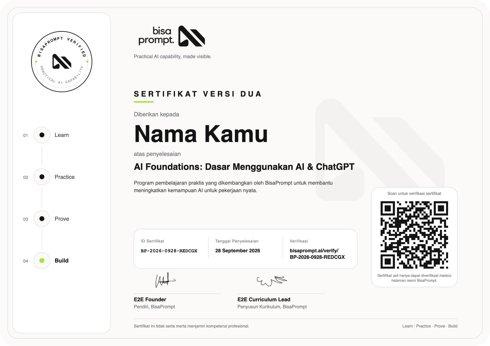 Contoh sertifikat BisaPrompt: nama penerima, nama kursus, ID sertifikat, tanggal penyelesaian, tanda tangan, dan kode QR verifikasi.
